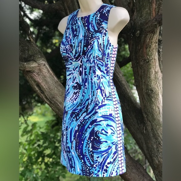 LILLY PULITZER Mila Blue Pink White Swirl Design Cotton Sheath Dress Size 00 - Picture 1 of 16